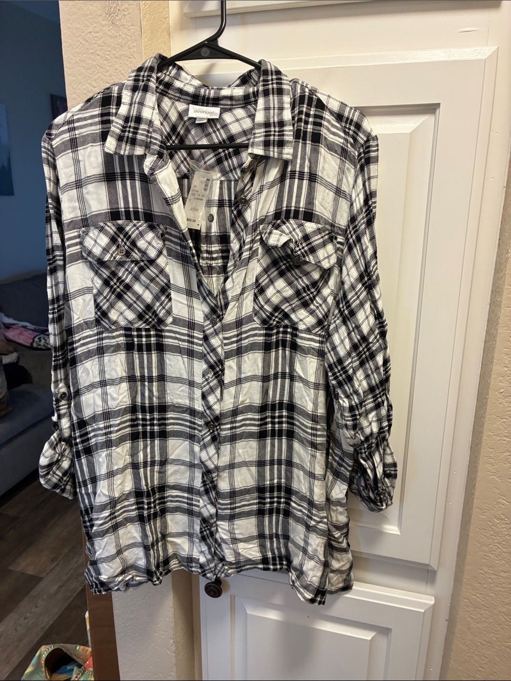 Avenue Black and White Plaid Button down shirt w/roll tab sleeves NWT